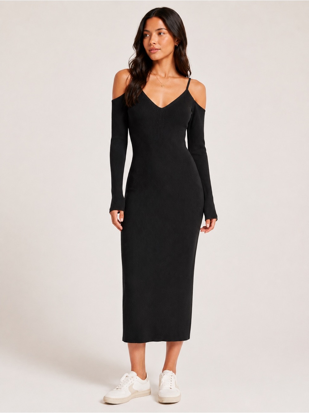 ABERCROMBIE & FITCH Ribbed Cold Shoulder Midi Dress Black Knit Bodycon Medium